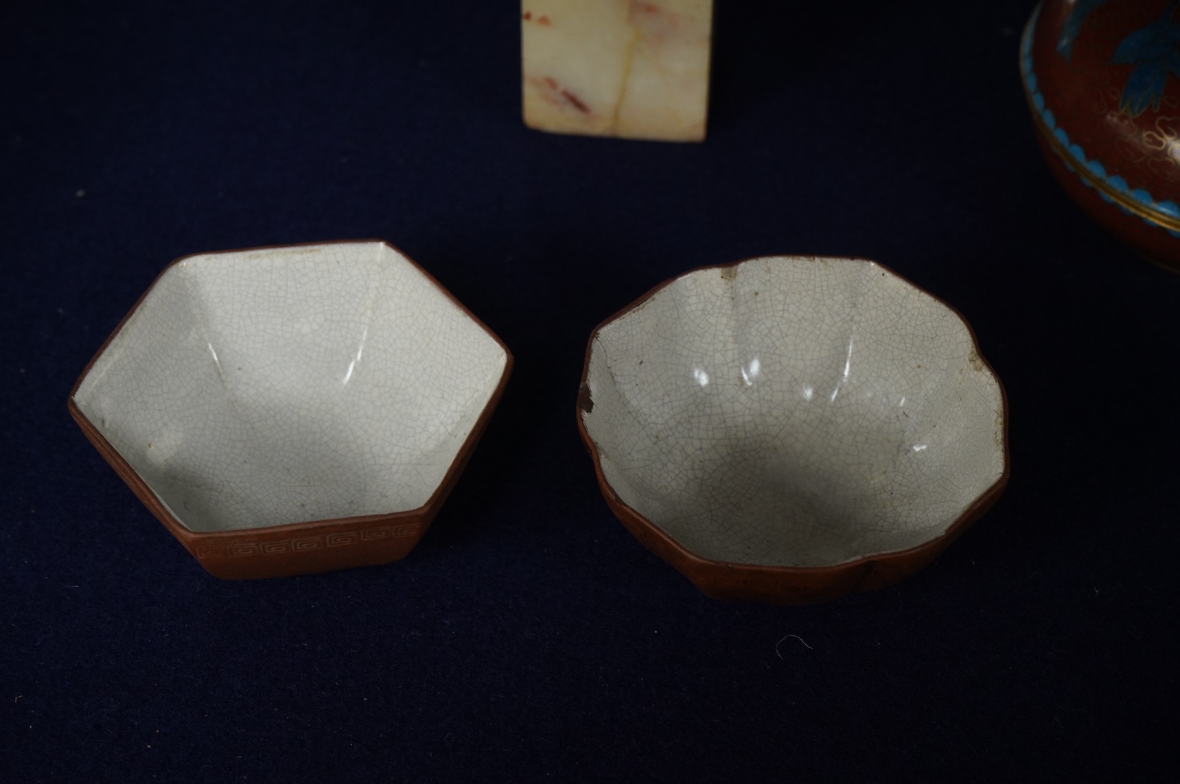 Two 18th century Yixing cups, a Chinese soapstone seal and two covered cloisonne pots, seal 11cm high
